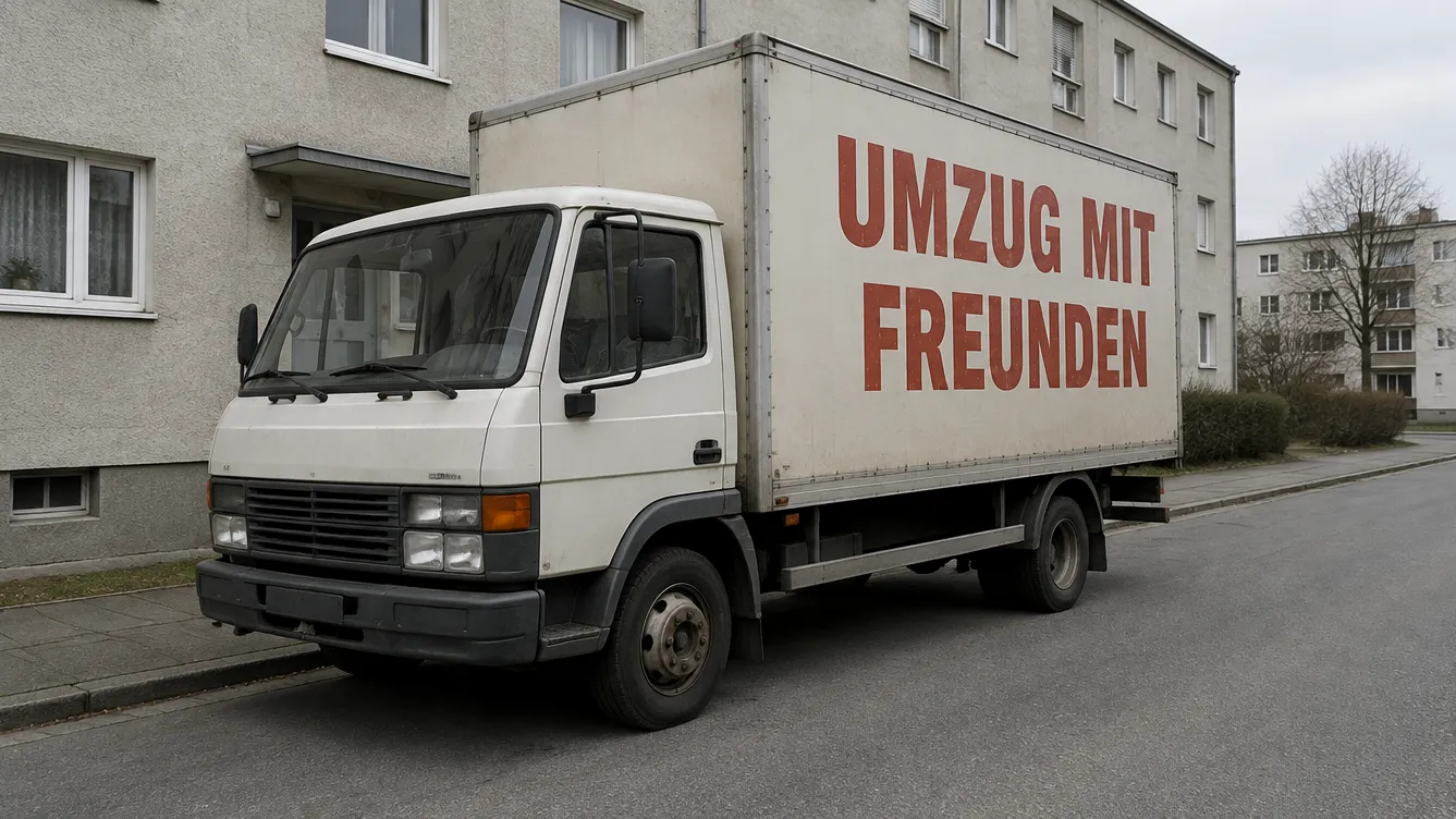 Umzugswagen mit dem Schriftzug „Umzug mit Freunden“ auf einer ruhigen Wohnstraße