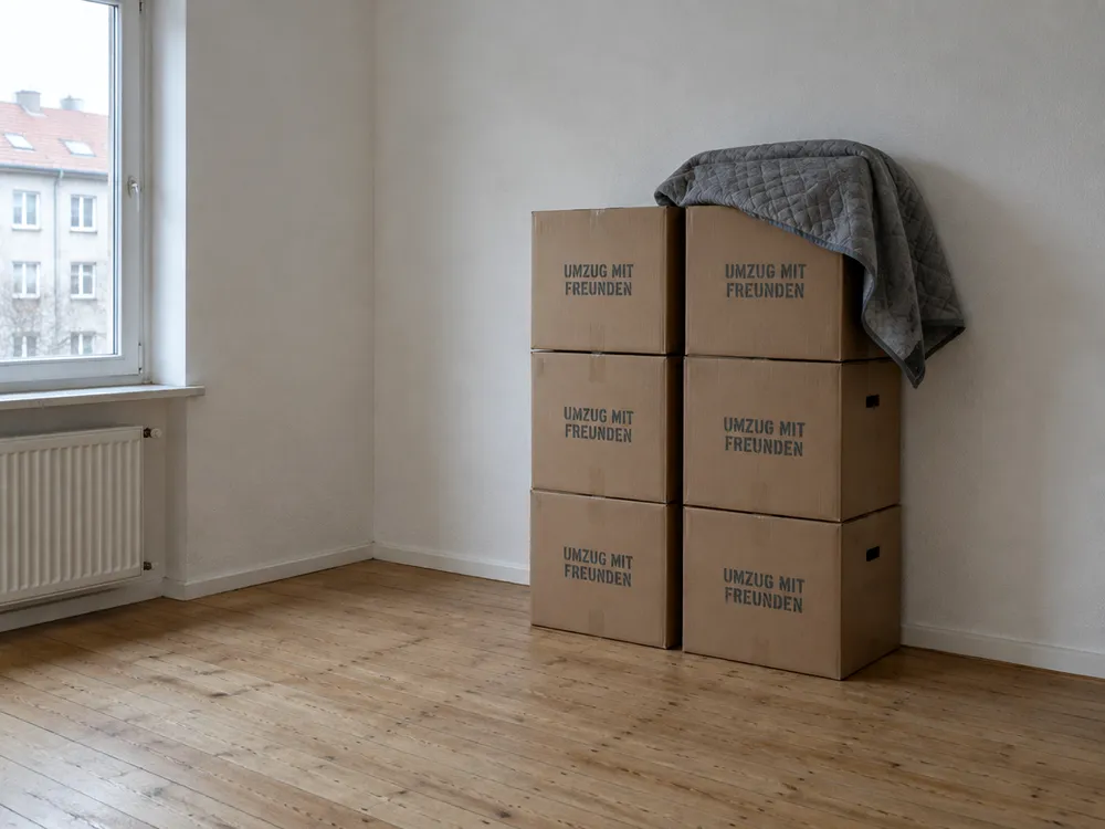 Leere Wohnung mit gestapelten Umzugskartons, beschriftet mit „Umzug mit Freunden“